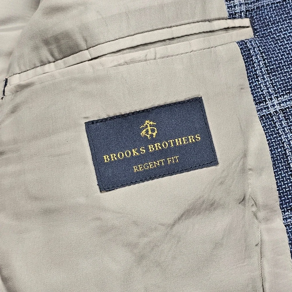 Brooks Brothers Sport Coat Mens 48R Blue Linen Cotton Windowpane Regent Blazer